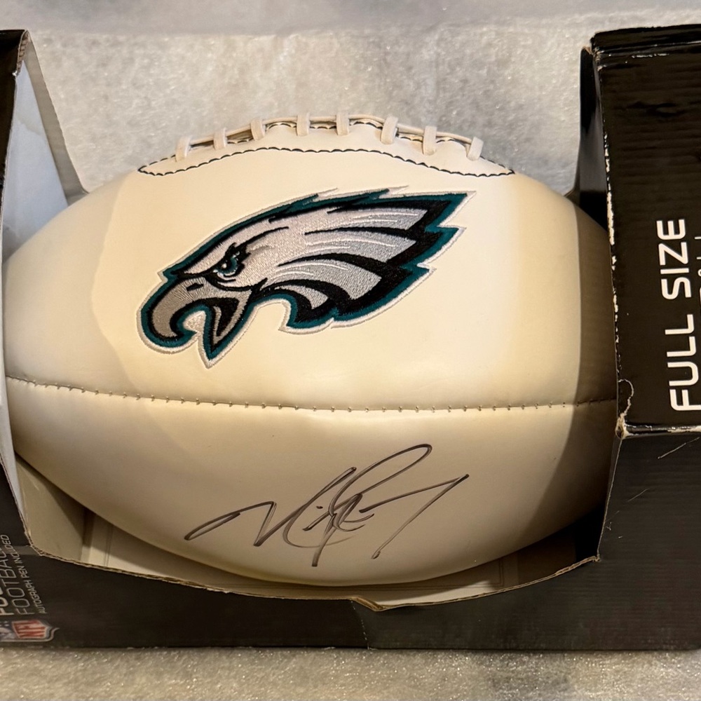 NFL Philadelphia Eagles White Autograph Football with Teal and Black Logo